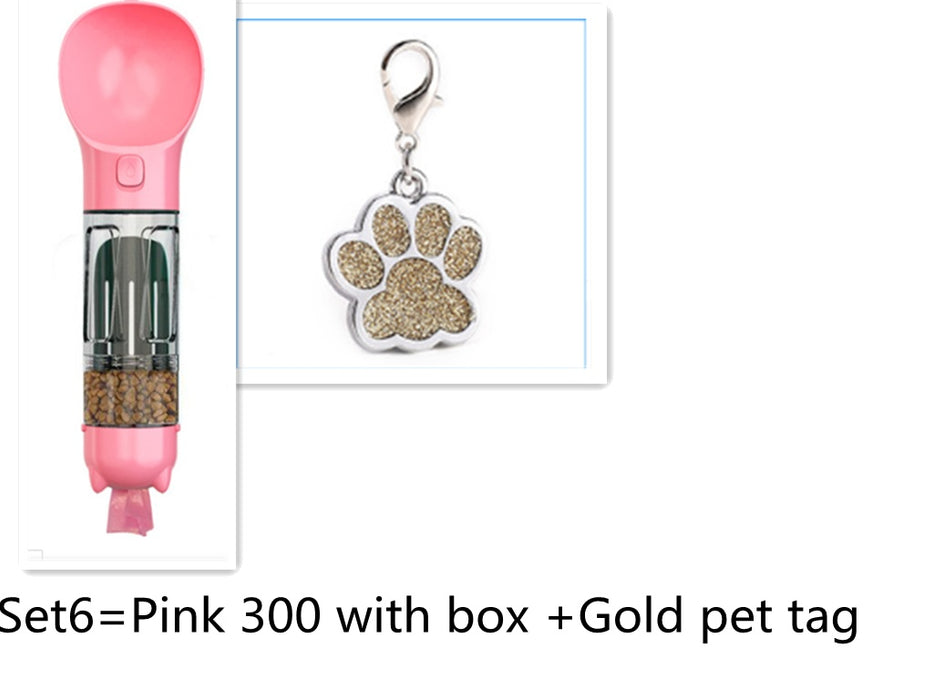 Dog Water Bottle 4 in 1 Portable Pet Water Bowl Dispenser with Dog Whistle, Pet Travel Water Cup with Food Container